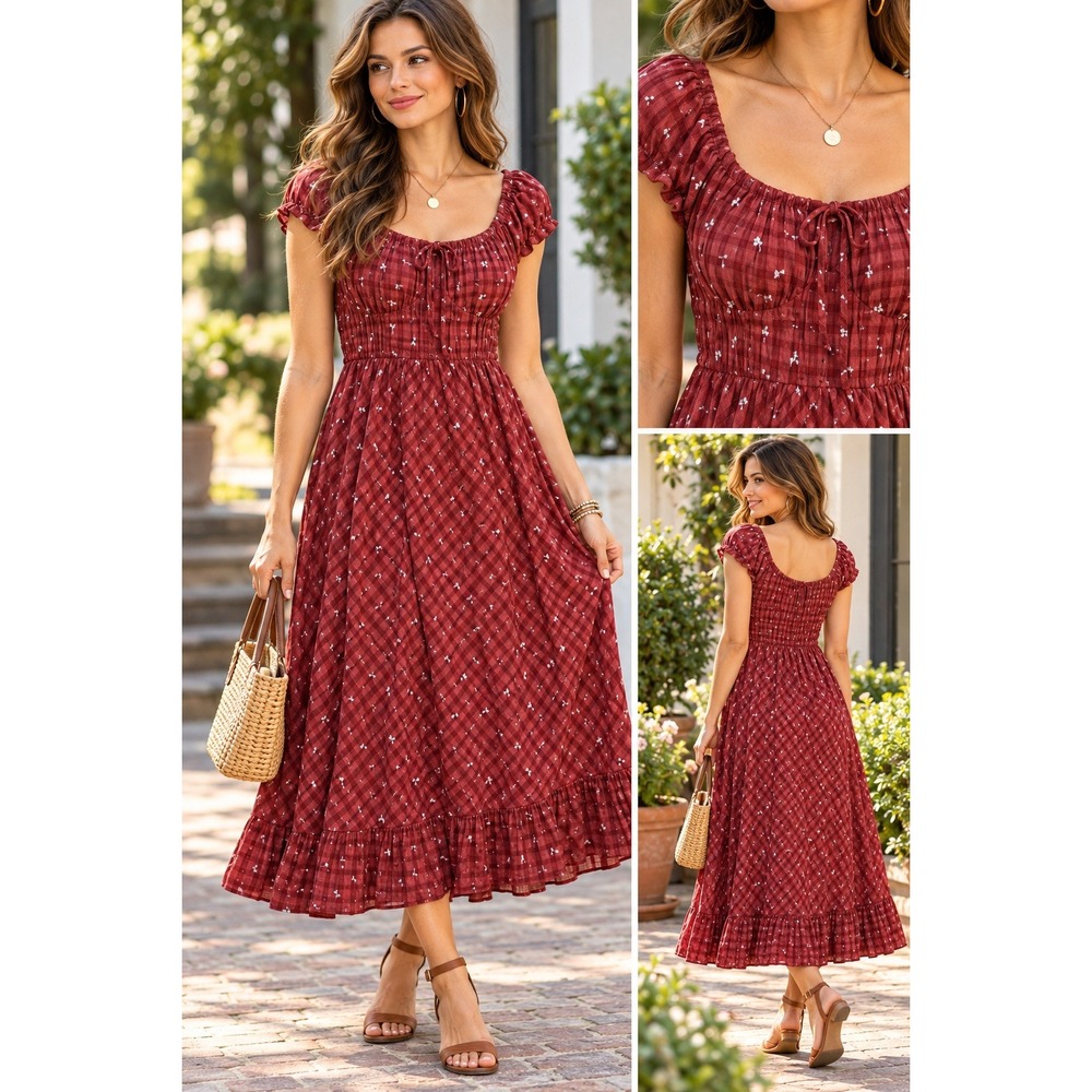 Universal Thread Womens XL Burgundy Gingham Floral Peasant Maxi Dress Red